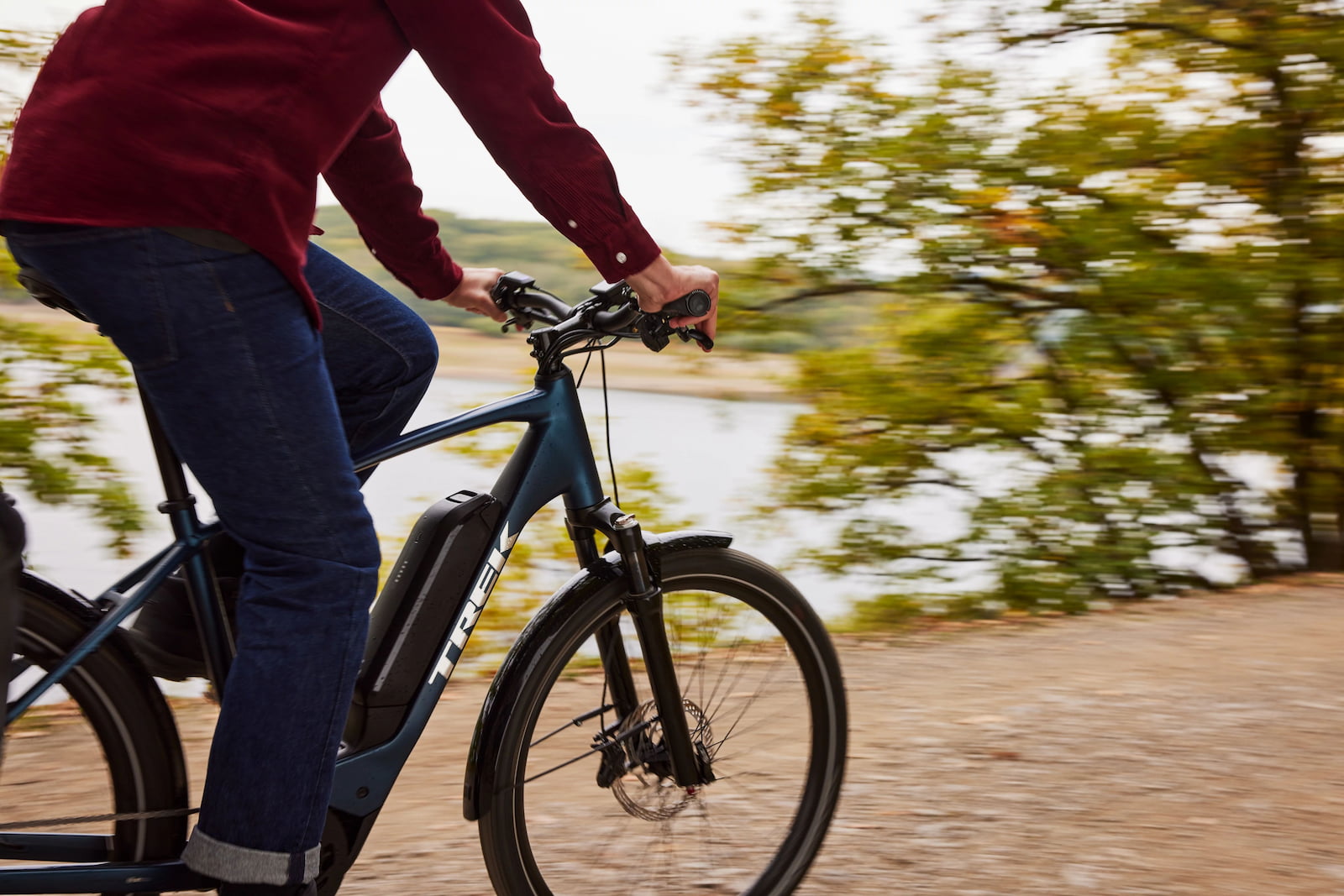 Rider out for a fall ride on a trek e-bike